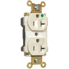 This duplex general purpose receptacle is rated 125V AC and 20 A with a NEMA 5-20R configuration. It is designed for use in commercial and institutional settings where reliable power delivery is required. The light almond finish suits standard interior environments.