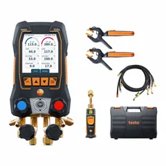 Digital wireless manifold gauge kit for R-507 refrigerant. Includes four valves, four SAE hoses, a vacuum hose (3/8 in SAE / 5/8 in UNF), and a sight glass. Gauge boots not included. Suitable for HVAC-R service and commercial refrigeration systems.