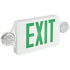 This white plastic exit sign features two faces with green LED illumination and universal field selectable chevrons for directional guidance. It operates on 120/277V AC and includes a nickel cadmium battery backup. Designed for ceiling or wall mounting, it is suitable for marking exits in commercial and industrial facilities.