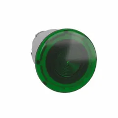 This illuminated mushroom-head push-button operator from the XB4 series features a metallic construction and momentary action. It is designed for 22 mm panel mounting and is used in industrial control panels for signaling and switching applications.