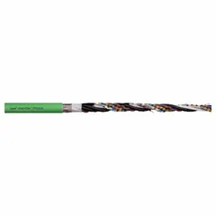 This CHAINFLEX servo motor feedback cable features a conductor grouping of (6) pair 24 AWG, (2) 22 AWG, and (2) 20 AWG in green. It has no included ground and is sold by the foot. The cable is suitable for fixed installations with a minimum bend radius factor of 5 x OD and for flexible applications with a factor of 8 x OD, making it appropriate for use in cable carriers and dynamic motion systems.