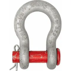 Carbon steel anchor shackle with a red finish. Rated for a working load limit of 2,000 lb. Body thickness of 3/8 in. Used for lifting and rigging to connect chains, slings, or hardware to a load.