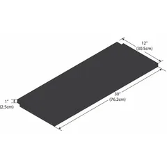This phenolic notched shelf is designed for laboratory shelving systems, providing a durable surface for organizing equipment, glassware, or samples. With a black finish and 11 gauge construction, it resists chemicals and moisture. Overall dimensions: 12 in width, 1 in height.