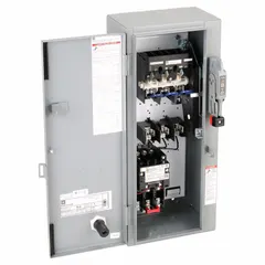 NEMA Size 1 fusible starter with thermal overloads for three-phase motor control. Rated 600V AC maximum, 120V AC coil voltage, 3 poles, Class H fuse class. Requires three melting alloy thermal units (not included). Quick-disconnect terminals. Suitable for industrial motor starting and stopping applications.