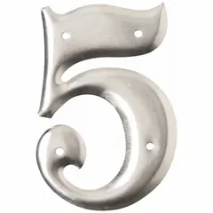 Silver uppercase character '5' on aluminum label for utility pole identification. Each label measures 2 in overall width with 3 in character height. Supplied as 10 packs of 10 pieces each (100 total). Used for marking poles in electric utility, telecommunications, and municipal infrastructure.