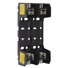 Two-pole fuse block for UL Class RK1 and RK5 fuses, rated 600 V AC. Features box lug terminals and non-indicating design. Open block construction facilitates wiring and fuse replacement in control panels, motor protection circuits, and power distribution systems.