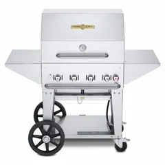 This wheeled propane grill features 4 burners with a 64,500 BtuH heating capacity, suitable for outdoor cooking in commercial settings. It accommodates one 20 lb propane tank and has overall dimensions of 36 in height and 28 in depth.