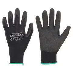 These knit gloves feature a PVC palm coating with a foam texture, providing grip and abrasion resistance. Made from 15-gauge nylon, they are ANSI Abrasion Level 4 rated. Suitable for general material handling and assembly tasks in industrial environments.