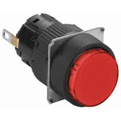 Red LED pilot light with 16 mm panel mounting hole diameter. Operates on 24 VDC for clear visual indication on industrial control panels. Suitable for signaling machine status, alarm conditions, or process states in automation and power distribution applications.