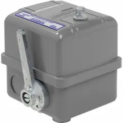 Diaphragm-actuated pressure switch for air and water systems. Features a 1/4" FNPS connection and adjustable set point range of 5 to 80 psi. Includes an On/Auto/Off switch for manual control. Suitable for pump control or pressure monitoring in industrial and commercial applications.