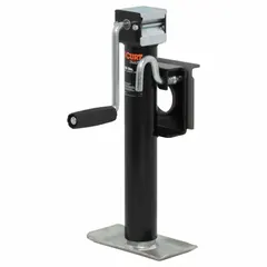 This CURT trailer jack is a sidewind, weld-on model with a foot plate base. It has a static load capacity of 2,000 lb and a maximum lift height of 20-1/2 in. Suitable for supporting and leveling trailers during loading, unloading, or storage.