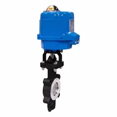 Carbon steel lug-style electric butterfly valve with stainless steel disc and RPTFE seat. Operates on 24V AC/DC power with manual input control signal. For on-off or modulating flow control in industrial piping systems handling water, oil, gas, or chemicals.