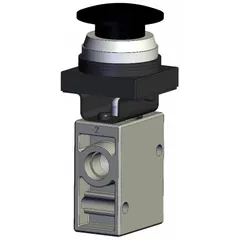 This VM Series manual air control valve features a mushroom button actuator for easy manual operation. With 2 ports and a 1/4 in NPT connection, it is used to start, stop, or redirect compressed air flow in pneumatic circuits for industrial machinery and automation systems.