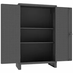 Stationary welded steel cabinet with gray powder-coated finish, legs base, and 12 ga panel thickness. Includes two adjustable shelves and a swing handle with padlock hasp for securing contents. Suitable for organizing tools, parts, and equipment in workshops, warehouses, and maintenance facilities.
