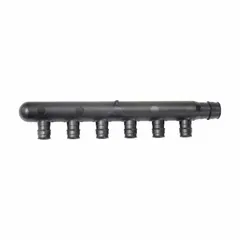 Polymer branch manifold with one inlet and six outlets, sized 3/4 in and 1/2 in. Rated for maximum operating pressure of 73 psi. Used in hydronic heating and plumbing systems to distribute fluid from a single supply line to multiple branches.