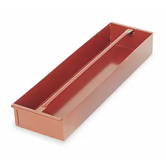 Steel tote tray with brown finish for organizing and transporting tools, hardware, and small parts on job sites. Overall dimensions: 8 in width, 28-3/16 in length, 4 in height.