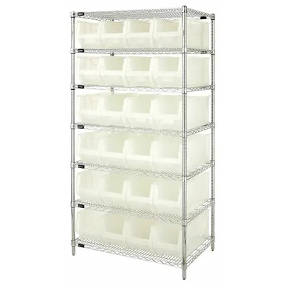 QUANTUM STORAGE SYSTEMS Bin Shelving: 36 in x 24 in x 74 in, 1 Sided, 24 Bins, Open, Clear - Wire Stationary Bin Shelving with Open-Front Bins