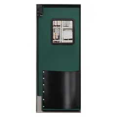This CHASE insulated swinging door features a single leaf in green polyethylene with a polycarbonate window. It is 7 ft high and 2 1/2 ft wide, meeting NSF standards. The door includes seals, bumpers, and mounting hardware for installation. Typical applications include cold storage, food processing, and industrial facilities requiring temperature control and hygiene.