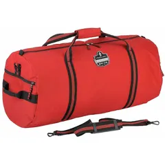 This red nylon medical duffel bag measures 23 in L x 12 in W x 12 in D and features a zipper closure with water-resistant backing. Designed for carrying medical supplies, it offers handle drop ranges of 11-20 in and 30+ in for versatile transport.