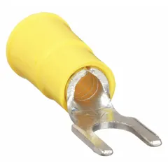Vinyl-insulated block fork terminal from the TR Series with funnel barrel style. Accepts 12 AWG to 10 AWG wire, rated for 1,000 V. Used for secure electrical connections in control panels and power distribution systems where quick connect/disconnect is required.