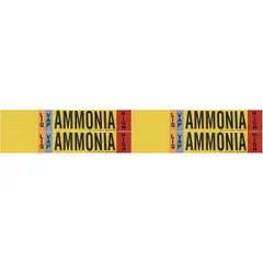 Ammonia adhesive pipe marker for IIAR LIQ/VAP phase service at high pressure. Fits pipe O.D. from 3/4 to 2-3/8 in. Set of 4 markers without arrows. Used to identify ammonia piping in industrial refrigeration systems.