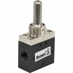 This toggle switch features a 4-way function with open/close switching action, suitable for controlling pumps, valves, or tailgate cylinders in hydraulic or pneumatic circuits. It has a silver actuator, black stem, 2 connections, and 1/4 in male terminals.