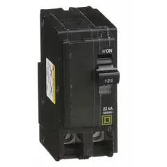 Plug-in miniature circuit breaker for overcurrent protection in single-phase systems. Rated 125 A, 120/240V AC, with a maximum interrupting rating of 22kA at 120/240V AC. Two-pole design for use with QO Load Centers and NQ Panelboards.