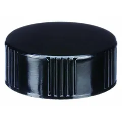 Black phenolic and LDPE screw cap with 24-400 mm closure size for narrow mouth containers. Complies with ASTM E982. Suitable for sealing laboratory or industrial containers requiring a colored, screw-on closure.
