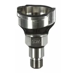 This stainless steel S26 adapter connects PPS series spray gun cups to spray guns with M11x1.0 thread. Used in automotive refinishing, industrial painting, and coating applications for consistent fluid delivery.
