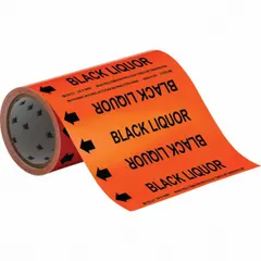 Orange adhesive pipe marker with black legend text reading 'Black Liquor' and directional arrows. Designed for pipes with an outside diameter of 2 inches and smaller. Supplied on a roll of 30 markers for convenient application in industrial piping systems where flow direction indication is required.