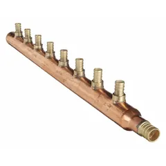 Copper branch manifold with one 3/4 in inlet and eight 1/2 in outlets, rated for 160 psi maximum operating pressure. Used in plumbing and heating systems to distribute water from a single supply line to multiple PEX tubing runs for radiant heating, potable water, or hydronic applications.