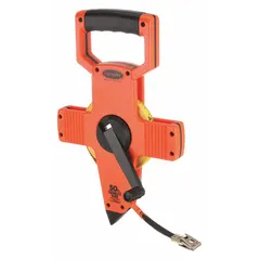 Manual open-reel long tape measure with a fiberglass blade, double-sided markings in metric (2 mm) and SAE (1/8 in) increments, and a nonmagnetic double hook end. Plastic case. Suitable for measuring distances up to 50 ft (15 m) in construction, surveying, and industrial layout applications.