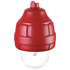 This 24V DC strobe light is designed for hazardous locations, featuring a clear lens and pendant mount configuration. With an overall height of 11 3/8 inches and diameter of 8 13/16 inches, it provides visual alarm signaling in industrial environments where explosive atmospheres may be present.