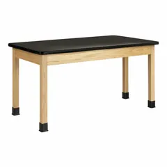 Fixed-height lab table with ChemGuard laminate countertop for chemical and stain resistance. Overall height 30 inches, length 5 feet. Black finish with wood and oak construction. Suitable for laboratory, educational, and industrial workstations.