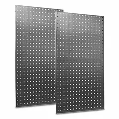 This stainless steel pegboard panel features a brushed silver finish and 3/8 inch square peg holes. It measures 42 inches by 24 inches by 9/16 inch and includes mounting hardware. Suitable for organizing tools and equipment in workshops, garages, and commercial facilities.