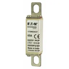 Fast-acting bolt-on fuse rated 65 A and 660 V AC, with visual indication for blown fuse detection. Designed for AC-only overcurrent protection of semiconductor devices in industrial power supplies, motor drives, and UPS systems.