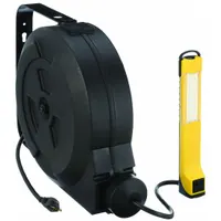 LED Lighted Cord Reel with hand lamp, 50 ft cord length, 14 AWG SJTW cord, 800 lm output at 5000K color temperature. Feeder end 5-15P, connector 5-15R, 120V AC. Suitable for maintenance, repair, and inspection tasks requiring power and illumination in industrial settings