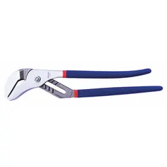 These 16-inch curved-jaw tongue and groove pliers feature a serrated groove joint and a maximum jaw opening of 3 3/8 inches. The curved jaw design improves access in confined spaces, making them suitable for gripping and turning fasteners and pipes during maintenance and repair tasks.