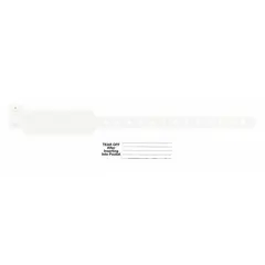 Vinyl security wristband in white, measuring 11 inches long and 1 3/8 inches wide. Pack of 500. Blank surface allows custom marking for identification and access control in events, hospitals, and industrial facilities.