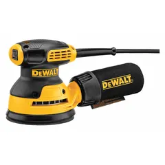 Corded random orbital sander with a 5-inch adhesive-backed pad and 3/32-inch orbit. Fixed-speed 3 A motor operates on 115 V. Used for material removal and finishing on wood, metal, and painted surfaces.