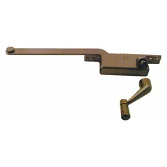This left-hand window operator is designed for casement windows, featuring a crank handle and a bronze-coated brown finish. It mounts on the window frame and has a base length of 4-3/4 inches. The operator opens and closes the sash by turning the crank.