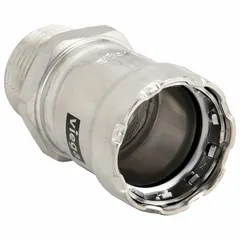 This VIEGA MEGAPRESS press fitting is designed for potable water systems, connecting stainless steel press-fit piping to male NPT threaded components. It features a 1 1/2 in pipe size, Press-fit x MNPT connection, and FKM seal. Suitable for commercial and industrial plumbing applications requiring a leak-proof joint.