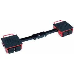 This machine roller is designed for moving heavy machinery and equipment in industrial settings. It features a fixed roller configuration with eight rollers and a red finish. The deck height is 4 1/4 inches, and the overall dimensions are 8 3/4 inches long by 7 3/8 inches wide.