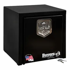 This single drop-down door box from BUYERS PRODUCTS is designed for underbody mounting on trucks. It features a black finish, a keyed lock for security, and a 15-inch overall depth. Suitable for storing tools and equipment in fleet and vehicle maintenance applications.