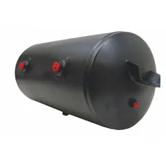 Horizontal air tank with 12.33-gallon capacity, rated for 125 psi maximum operating pressure. Overall length of 31.5 inches. Designed for vehicle-mounted pneumatic systems such as brake reservoirs, air suspension, and auxiliary air supply on trucks, trailers, and buses.