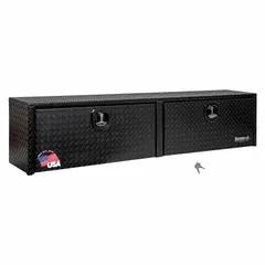 This topside truck box features double drop-down doors with a T-handle compression lid and a keyed lock for secure storage. The gloss black finish resists corrosion. Designed for mounting on flatbed or service trucks to organize tools and equipment.
