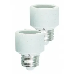 This socket extender is designed for E26 base lampholders, providing additional clearance or repositioning for bulbs in lighting fixtures. It features a white finish and supports up to 100 W. Suitable for use in various lighting applications where extending the socket reach is required.