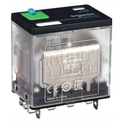 Socket-mounted relay with 4PDT contact configuration, 15 A current rating, and 24V DC coil. Features a square base with flat pins and quick-connect terminals. Used for switching loads in industrial control panels, automation systems, and machinery.