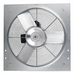 This direct-drive panel exhaust fan features a 16-inch blade and a 1/4 hp motor delivering 2883 cfm. It operates on 115/230V AC single-phase with a totally enclosed air-over motor and Class B insulation. The galvanized steel frame and stamped construction include an intake guard. Suitable for general ventilation in industrial and commercial settings, it is supplied fully assembled.