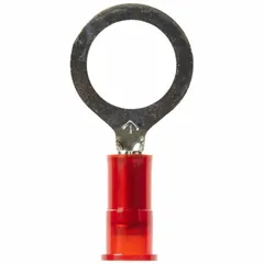 Nylon-insulated ring terminal rated for 1000V. Accepts 22 AWG to 18 AWG wire and fits 3/8 in studs. Used for terminating wires in control panels, power distribution, and equipment grounding.